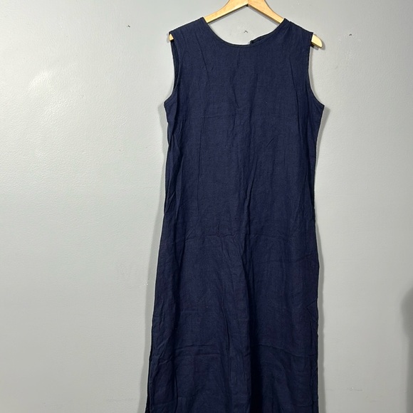 Vintage Navy 100% linen Maxi Relaxed Fit Side Slit Crew Neck Dress size 16 - Picture 6 of 15